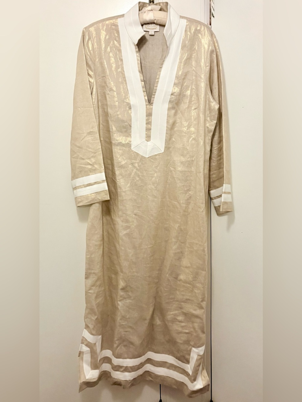Sail to Sable Gold Linen Tunic Midi Dress with White Trim